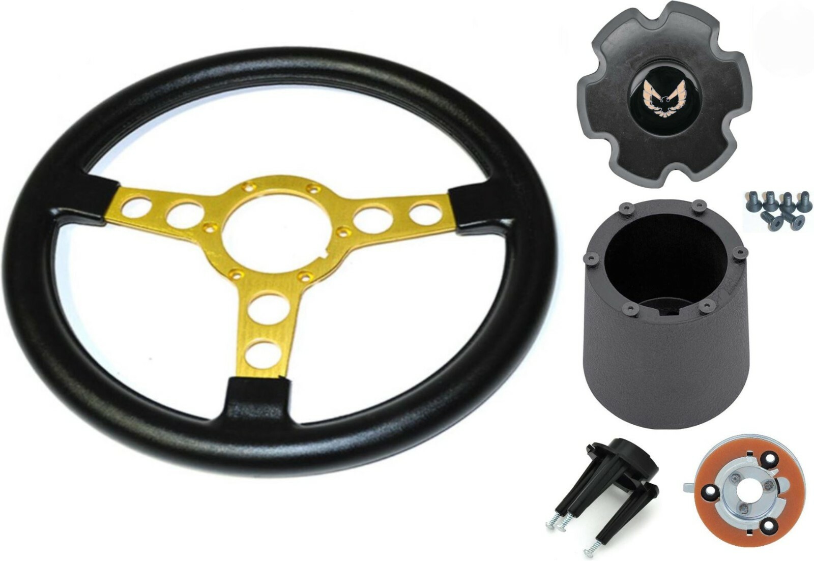 Black Thick Grip Gold Spoke Formula Steering Wheel Kit 1972-80 Firebird/Trans AM