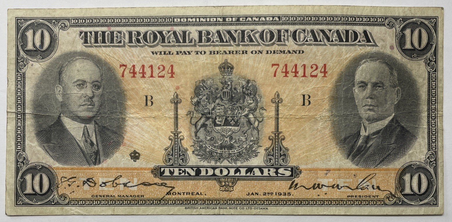 1935 The Royal Bank Of Canada $10 Large Signatures, #18-04a. VF Condition. B-218