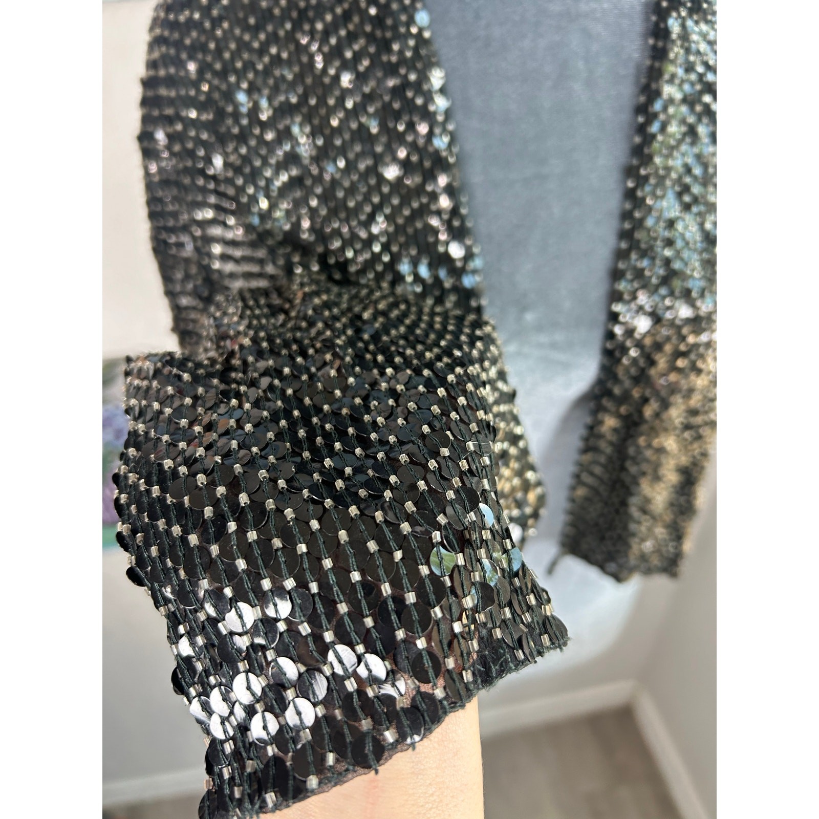 Vtg Clear Bead Sequin Neck Scarf- prom- formal Glam showgirl Disco- 50x8.5"
