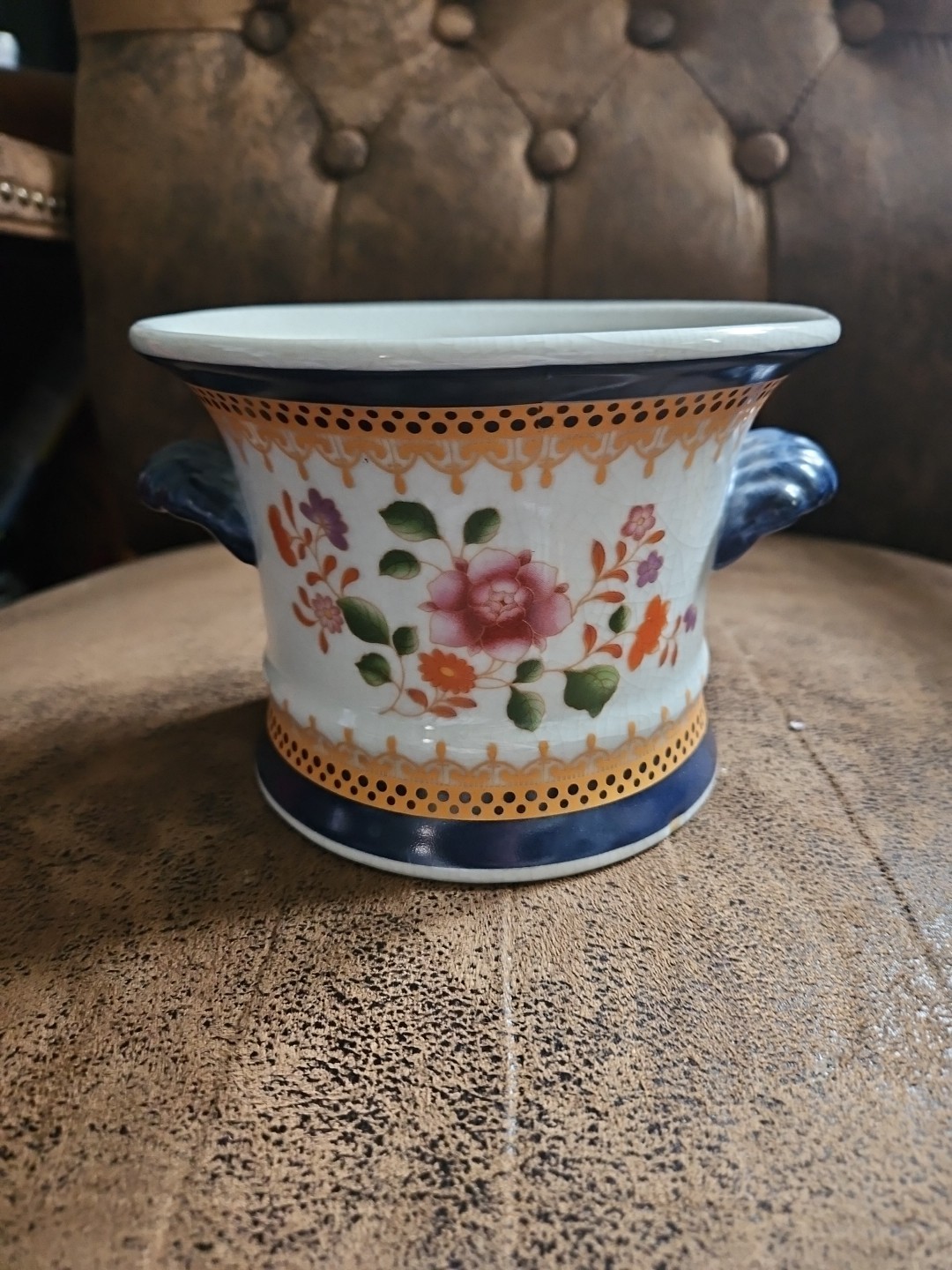 Decorative Cachepot Floral Planter With Handles Lots Of Crazing