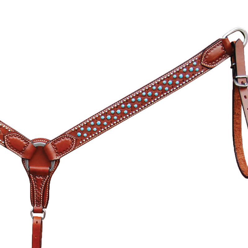 Western Brown Leather  Hand Tooled Shaped Breast Collar with Matching Stones
