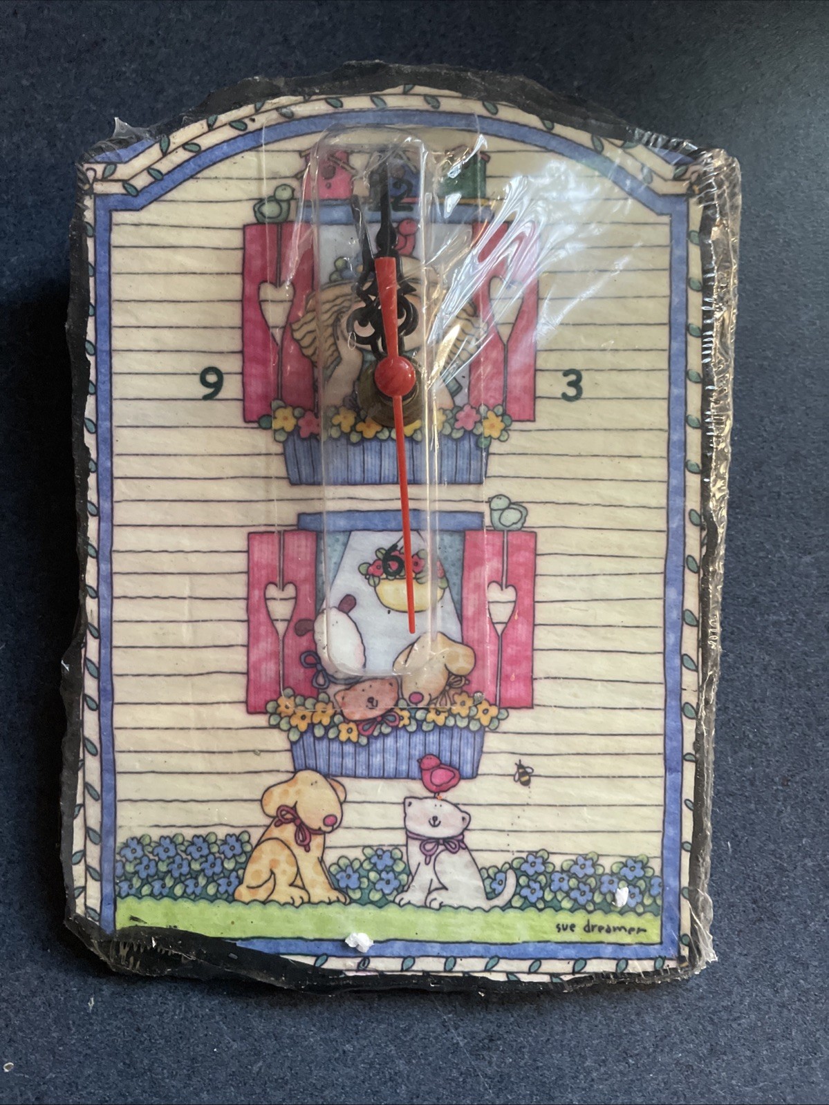 VTG Enesco Sue Dreamer Slate Wall Clock Cat Dog  New NOS