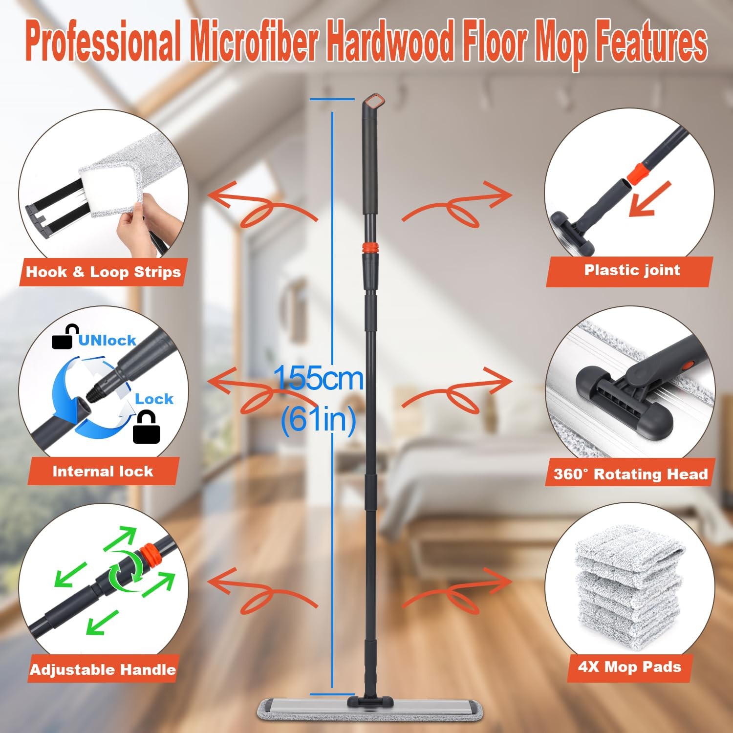 18 Professional Microfiber Mop Large Flat Mops for Floor Cleaning 4 Reusable ...