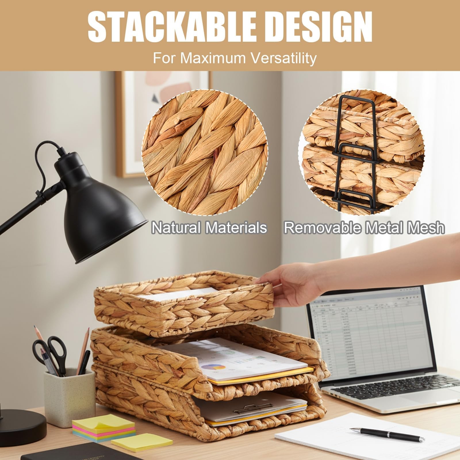 3 Pack Water Hyacinth Woven Stackable Desk Organizer Letter Tray, Primary Col...