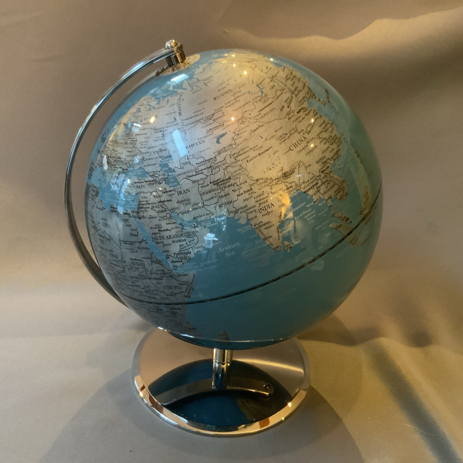 ZGALLERIE Chrome Base 12” ‘Explorer’ World Globe-Aquamarine Oceans With Silver