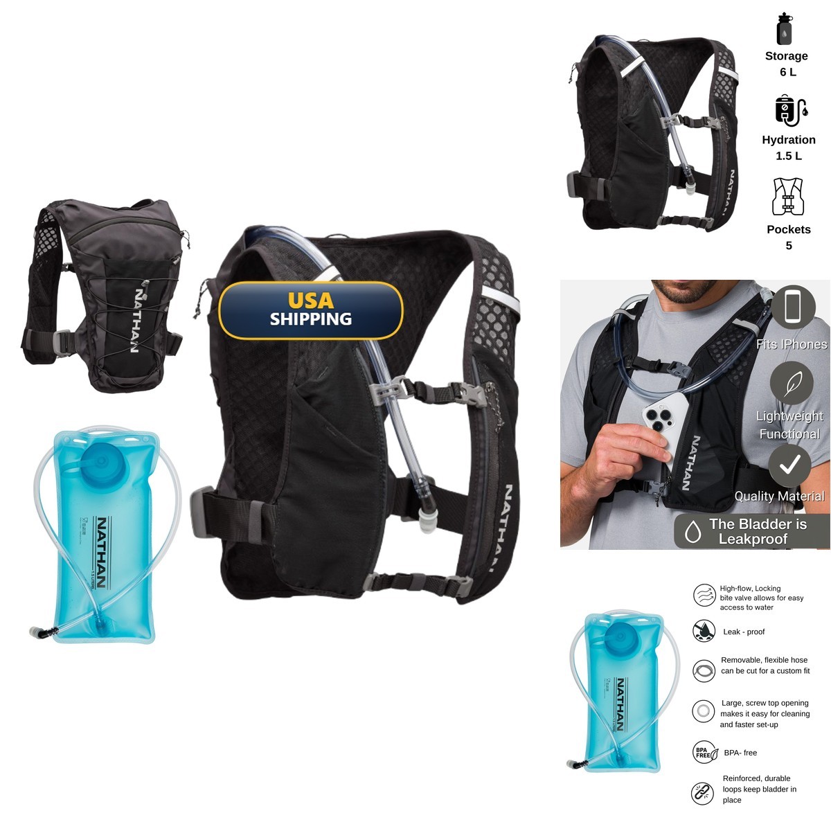 Nathan Quick Start 3.0 6L Black/Reflective Silver OSFM Hydration Pack