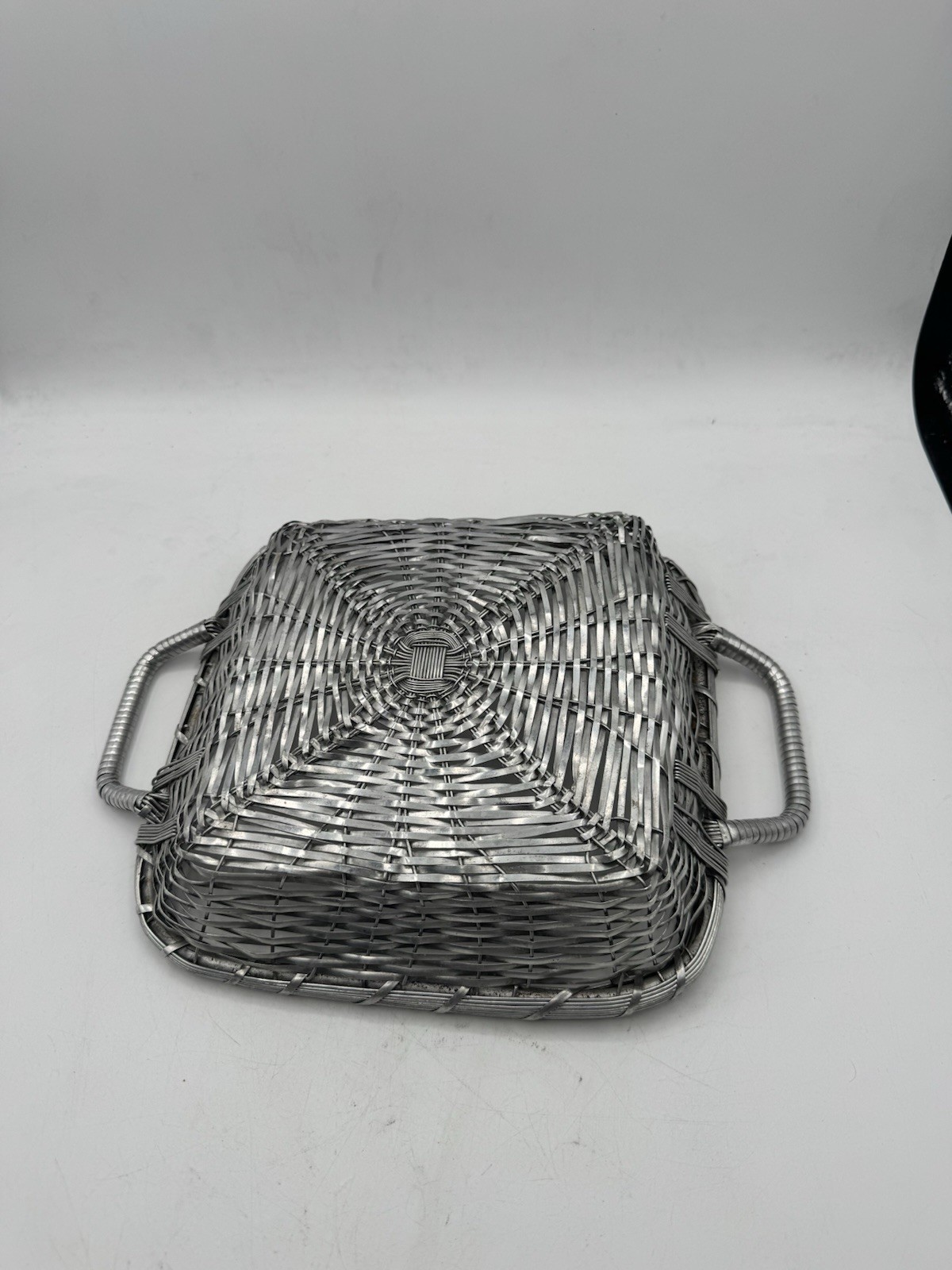Metal Display Basket Silver Woven With Handles Rectangular 10 In x 10 In