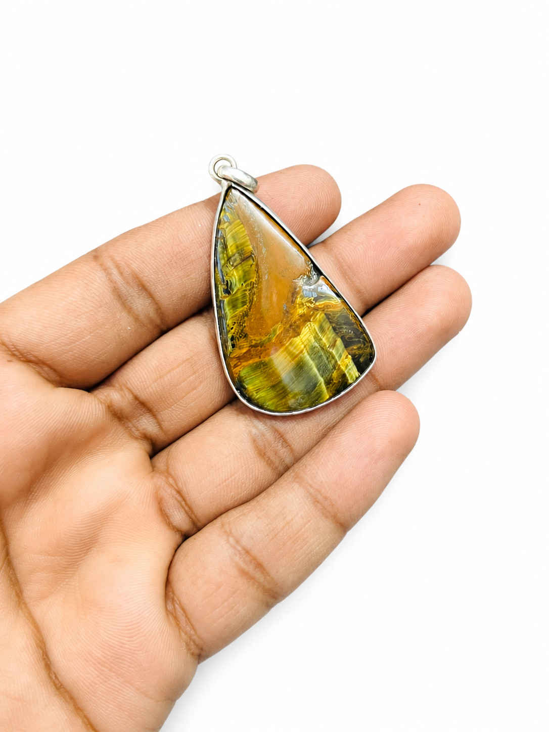 Natural Tiger Eye Pendant 925 Sterling Silver Handmade Pear Fine Jewelry