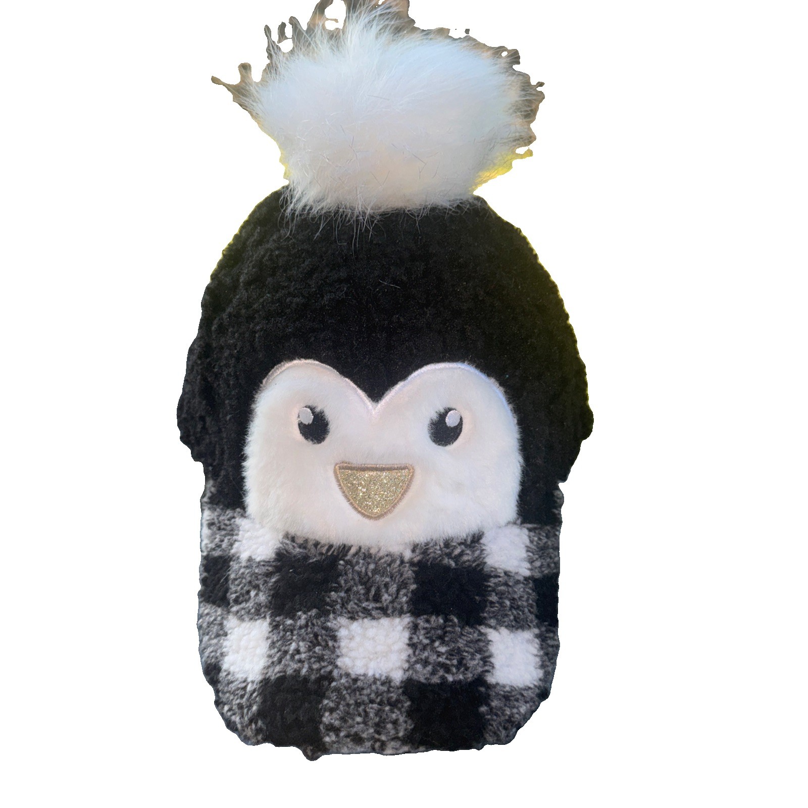 Penguin Face Fluffy Winter Hat Cap Checked Bill Gold sparkle Nose Snow ball Top