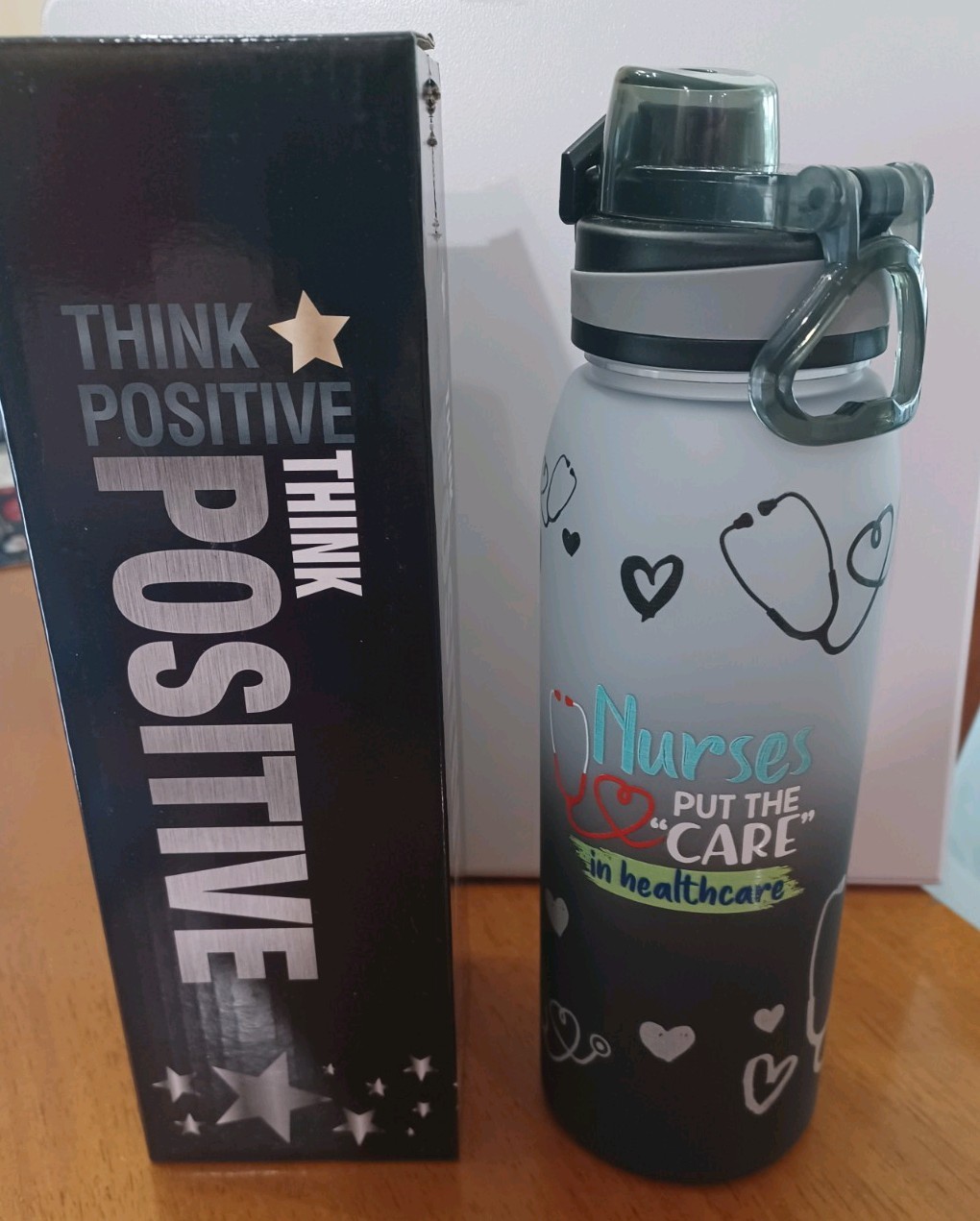 Think Positive Novelty Water Bottle - Nurses put the "care" in healthcare