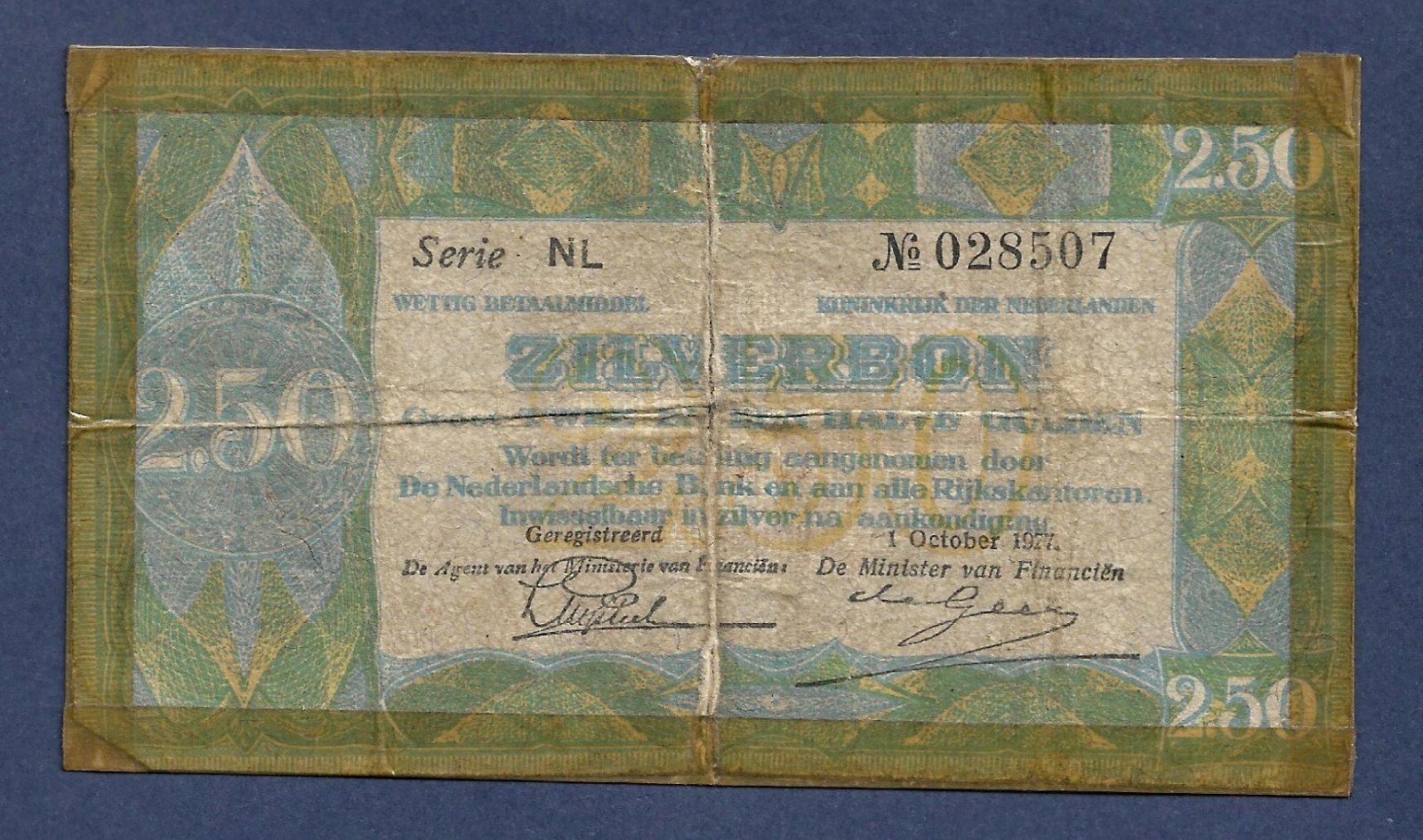 (DN) Netherlands 2 1/2 Gulden 1927 Zilverbon / Silver P-20 Fine