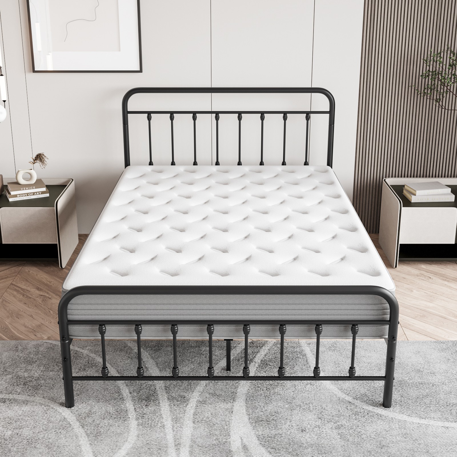 Full Size Metal Platform Bed Frame with Petal Accented Headboard