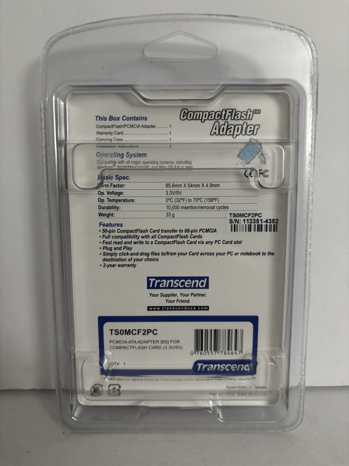 Transcend CompactFlash Adapter TSOMCF2PC - New & Sealed