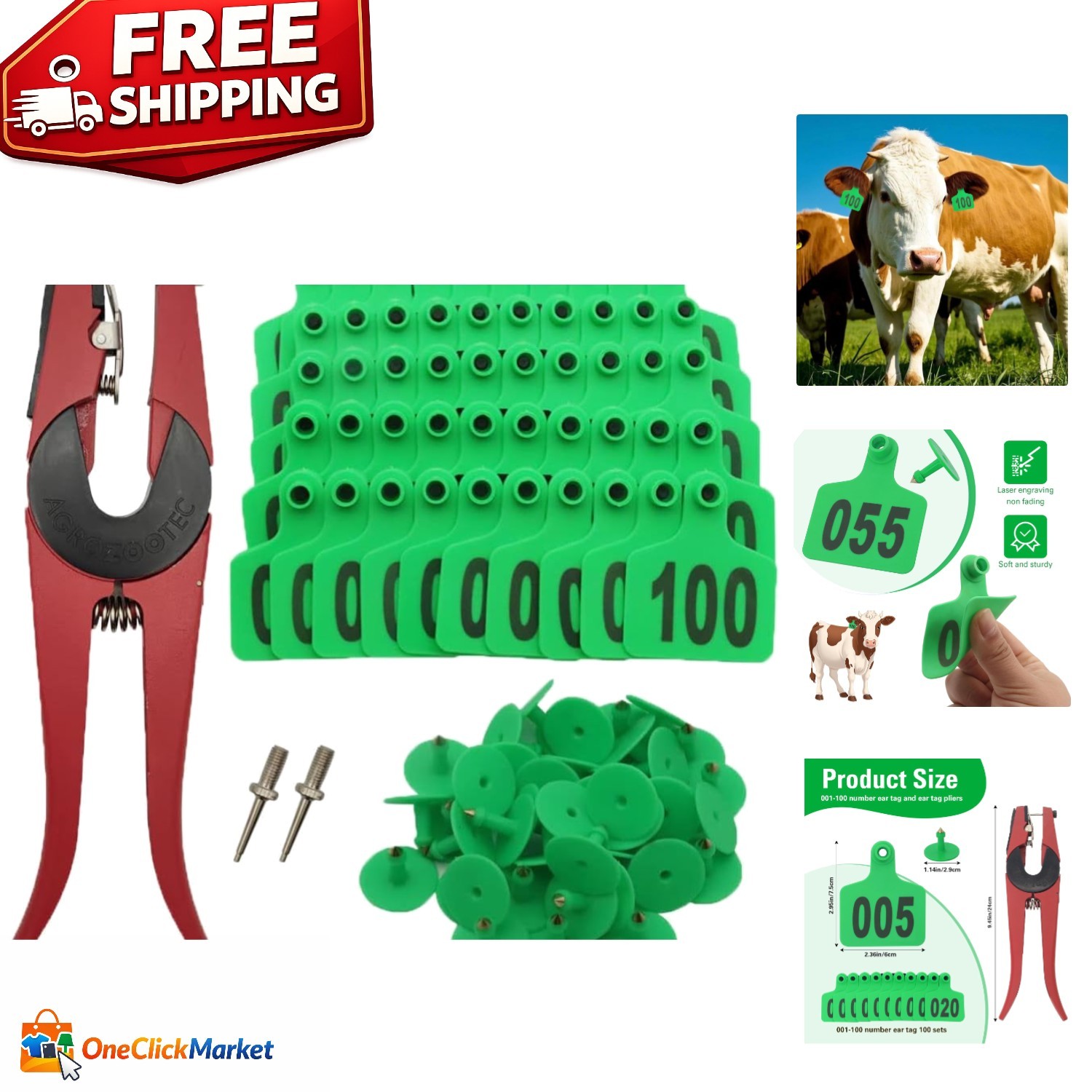 Cattle Ear Tags 001-100 Livestock Cow Numbered Tags w/ Applicator Green