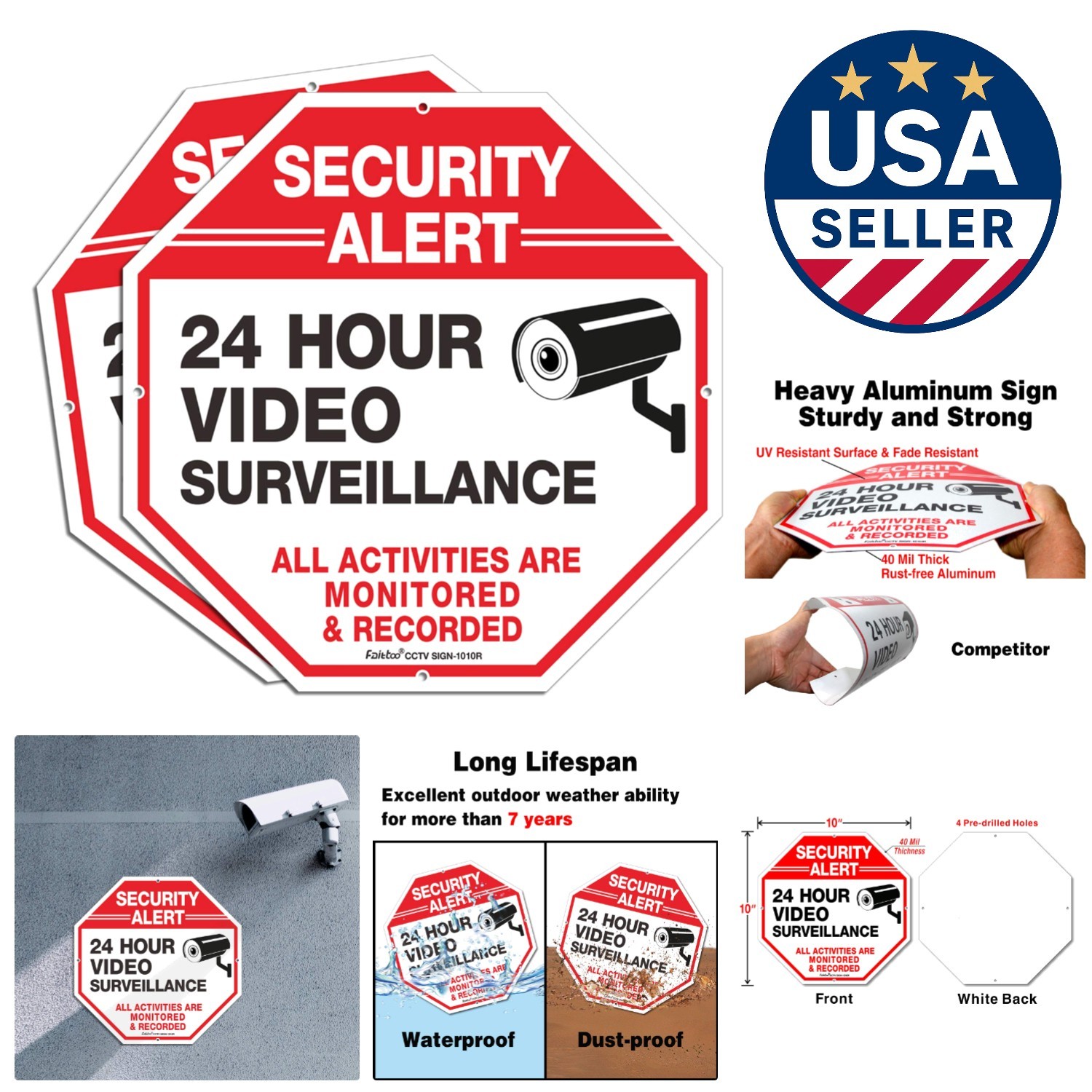 Reflective 10x10 Security Signs - 2-Pack Rust-Free Aluminum for Indoor/Outdoor