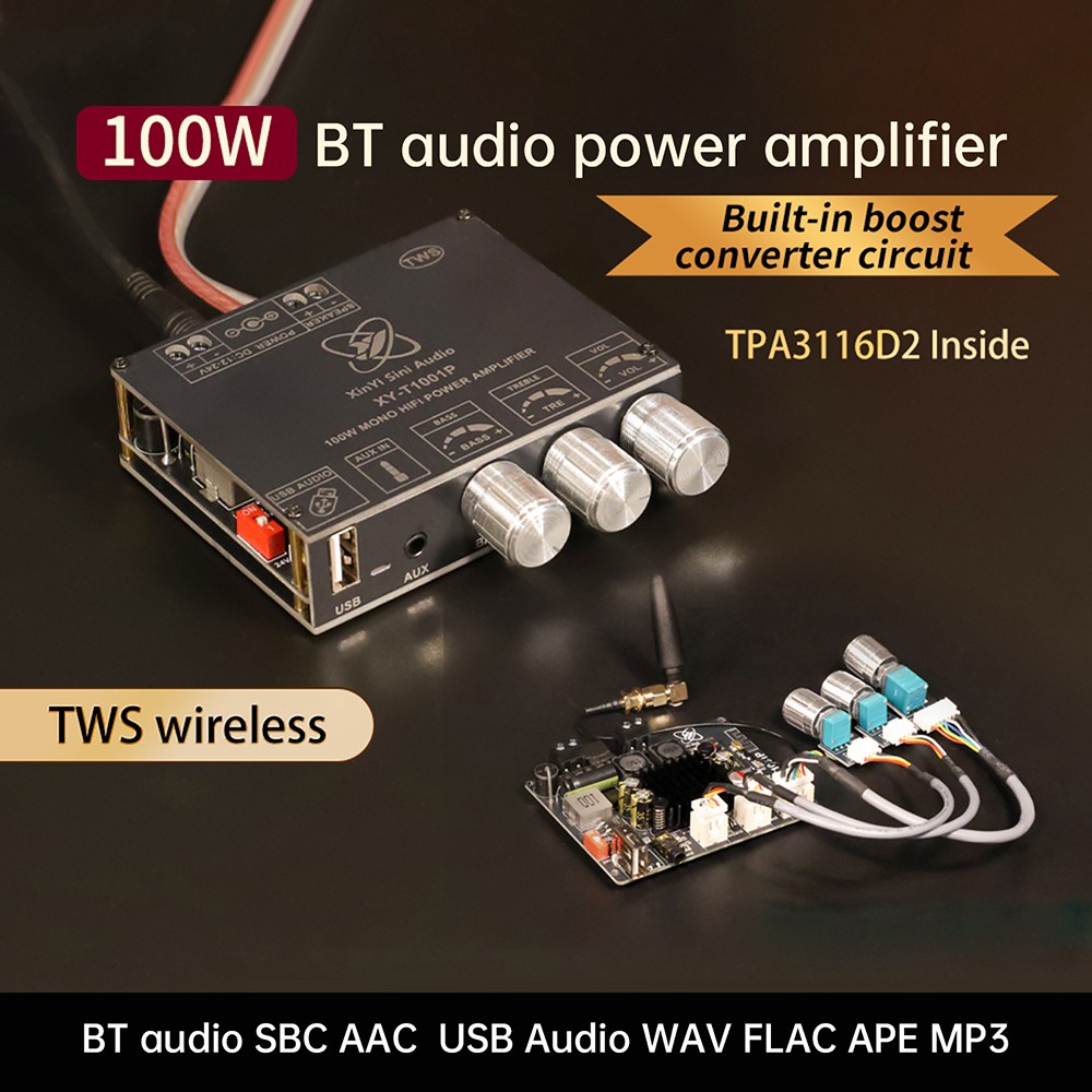 DC 12-24V T1001P Mono 100W Bluetooth Audio Power Amplifier TWS Pair Wireless