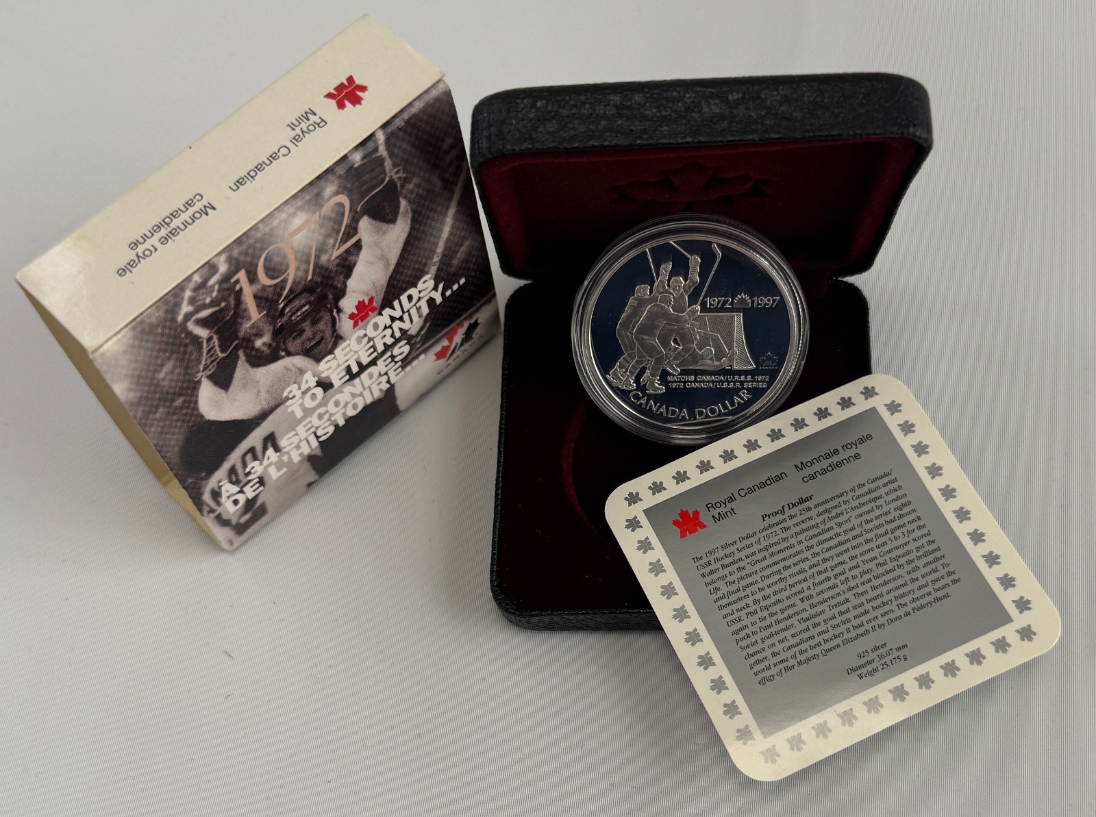 1997 PROOF Canada 25th Anniv Hockey Victory 1972 Sterling Silver Dollar RCM Coin