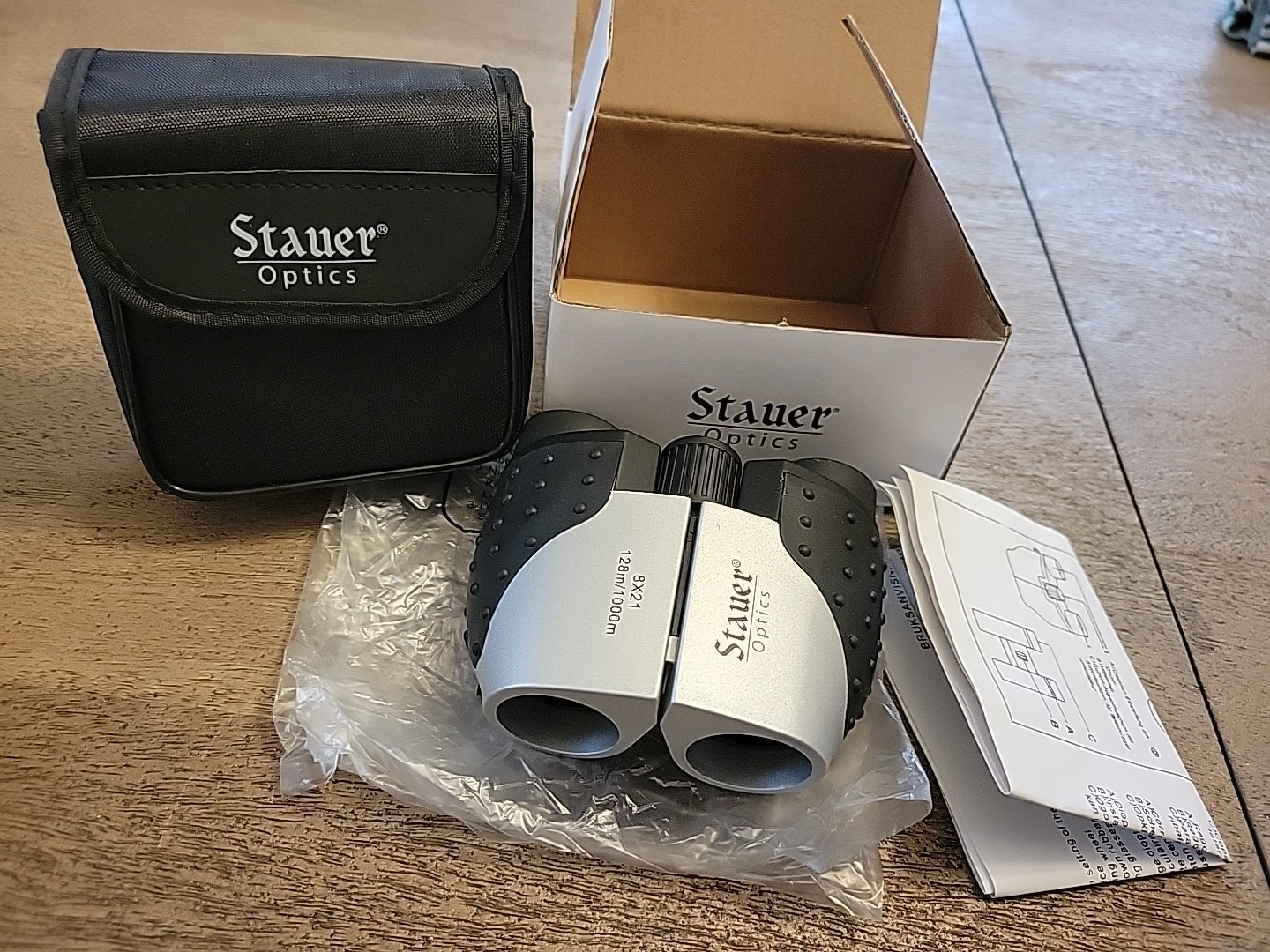 BRAND NEW STAUER OPTICS 8X21 COMPACT BINOCULARS INSTRUCTIONS CARRYING CASE 4"x4"