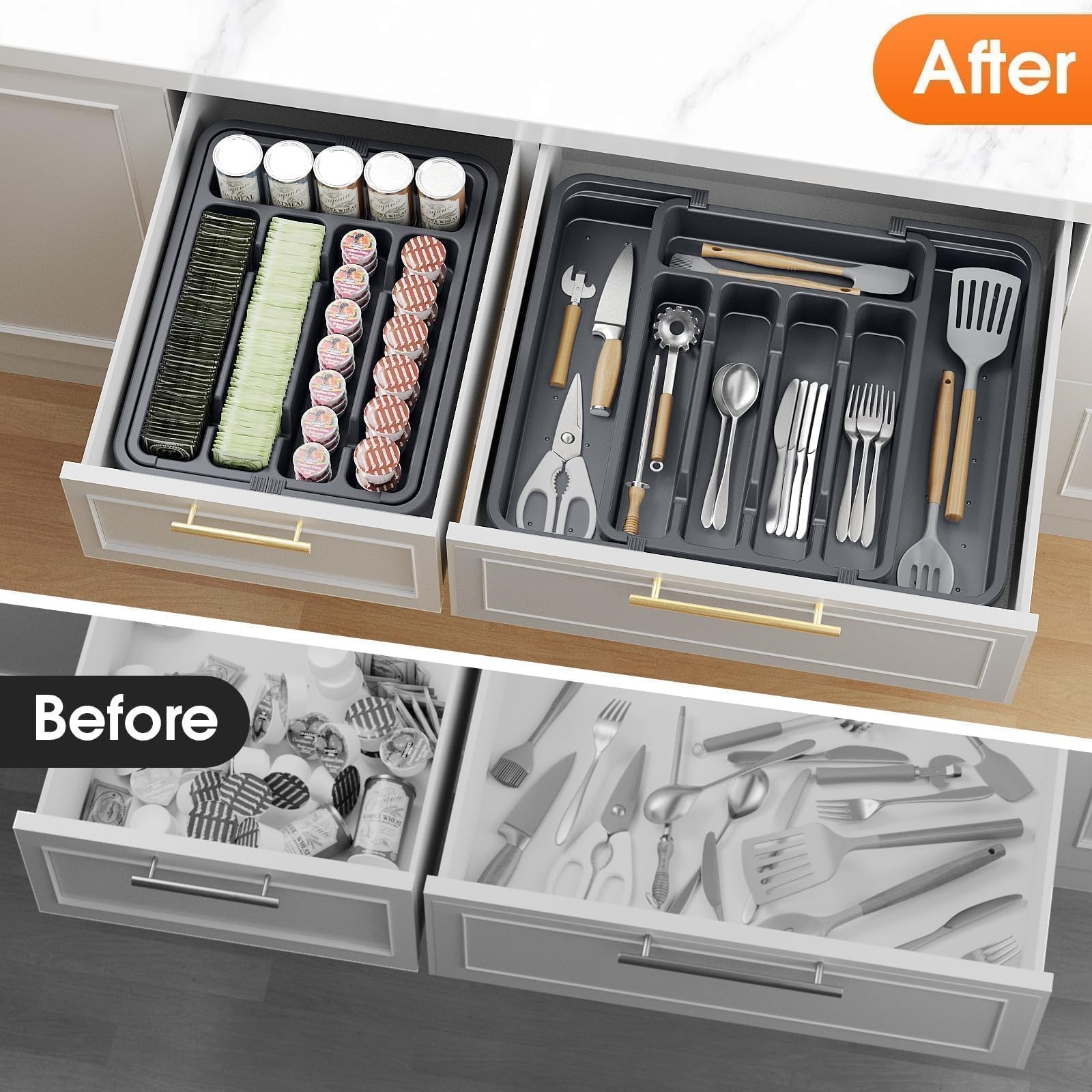 SpaceHacks Silverware Organizer，Adjustable & Expandable Utensil Medium, Grey