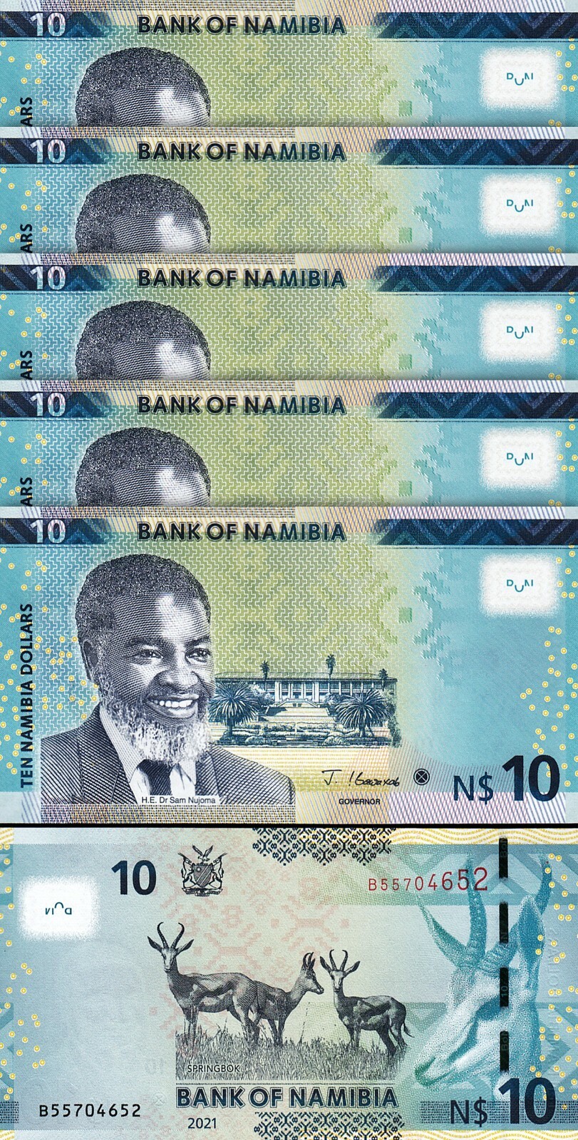 Namibia 10 Dollars 2021, UNC, 5 Pcs LOT,  P-New Signature