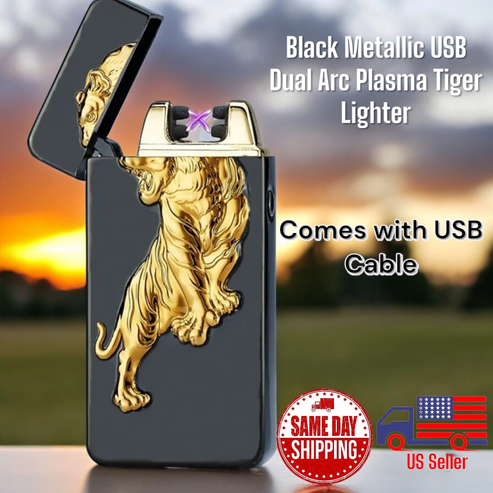 USB Black Metal Tiger Rechargeable Lighter Windproof Dual Arc Flame