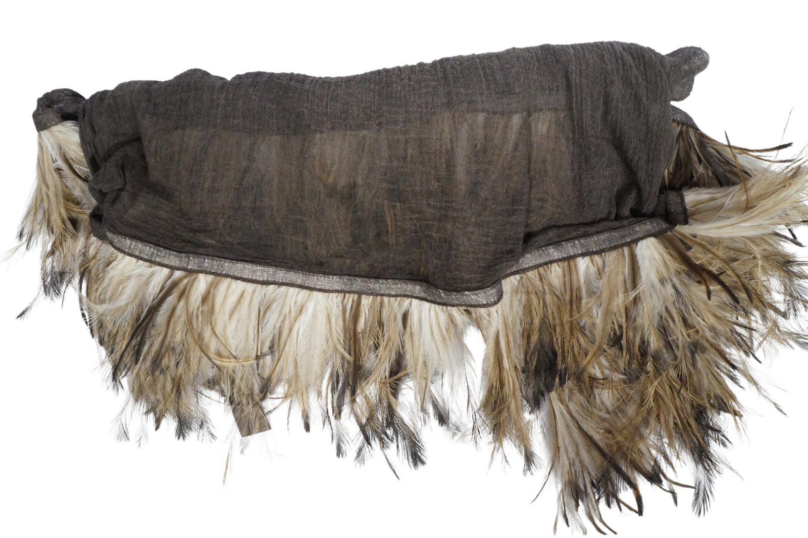 $600 NWT CLAUDIO CUTULI Brown Gauze w Feathers Scarf Made in Italy 80"X 37"