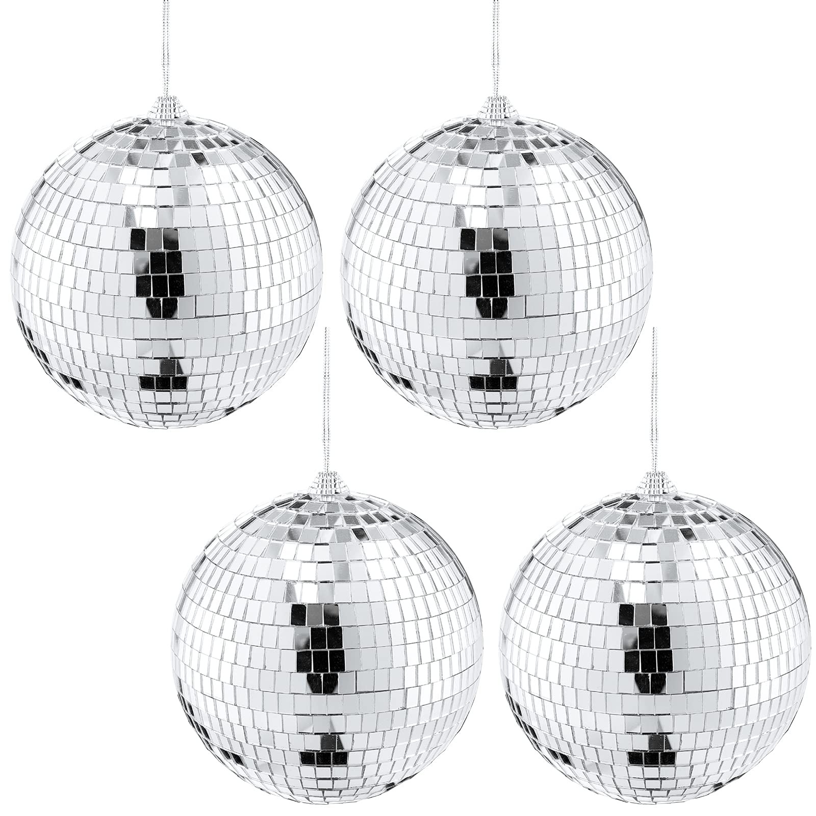 4 PCS 6 Inch Silver Reflective Mirror Disco Ball Hanging String Party Decor