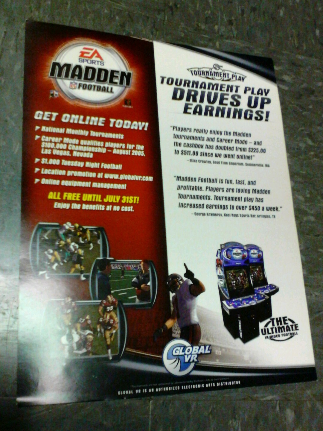 Global VR & EA Sports MADDEN FOOTBALL Arcade Video Game flyer- good original