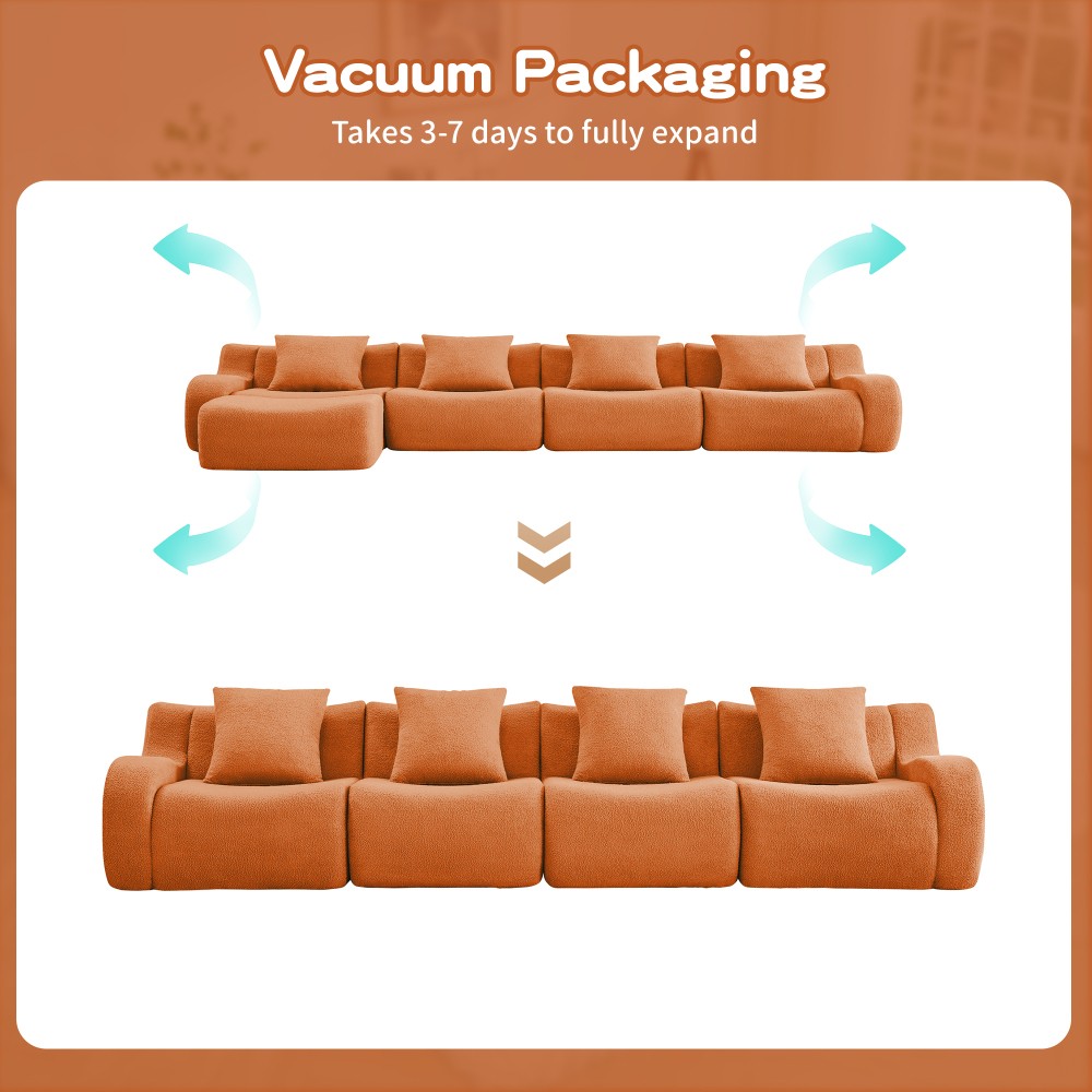 4-Seat Teddy Fabric Sofa, No Assembly Required w/ Curved Armrests, Orange