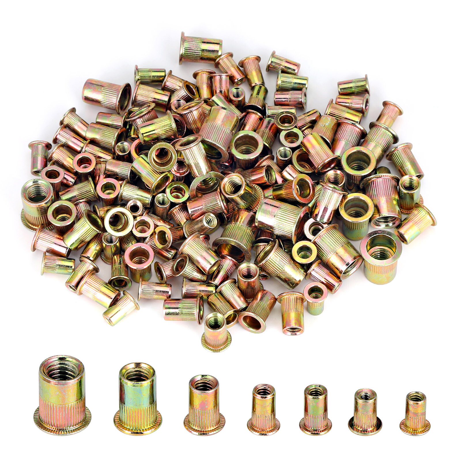150PC Rivet Nuts Zinc Plated Carbon Steel Flat Head Rivnut Threaded Insert Nuts