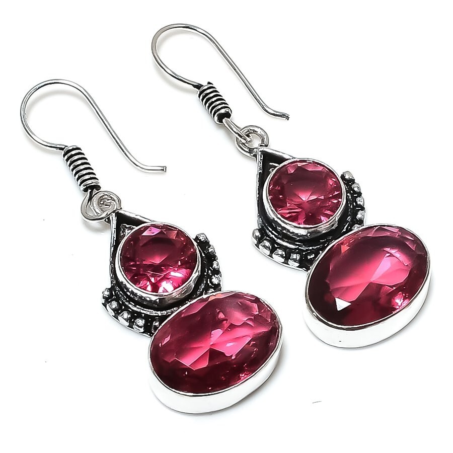 Pink Rubellite Gemstone Handmade 925 Sterling Silver Jewelry Earrings Size 1.4"