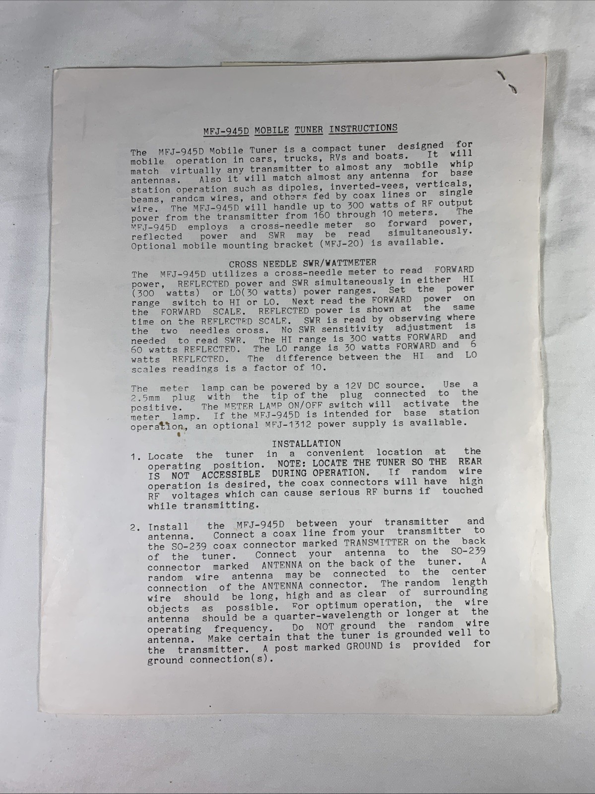 MFJ-945D Mobile Tuner Instructions