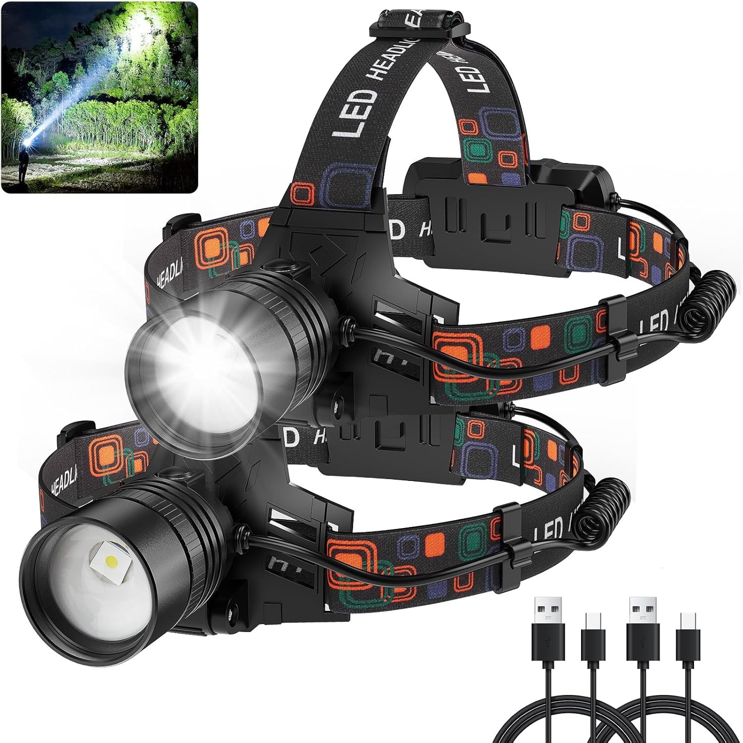 Rechargeable LED Headlamp 2 Pack Super Bright 3 Modes IPX6 Waterproof Camping