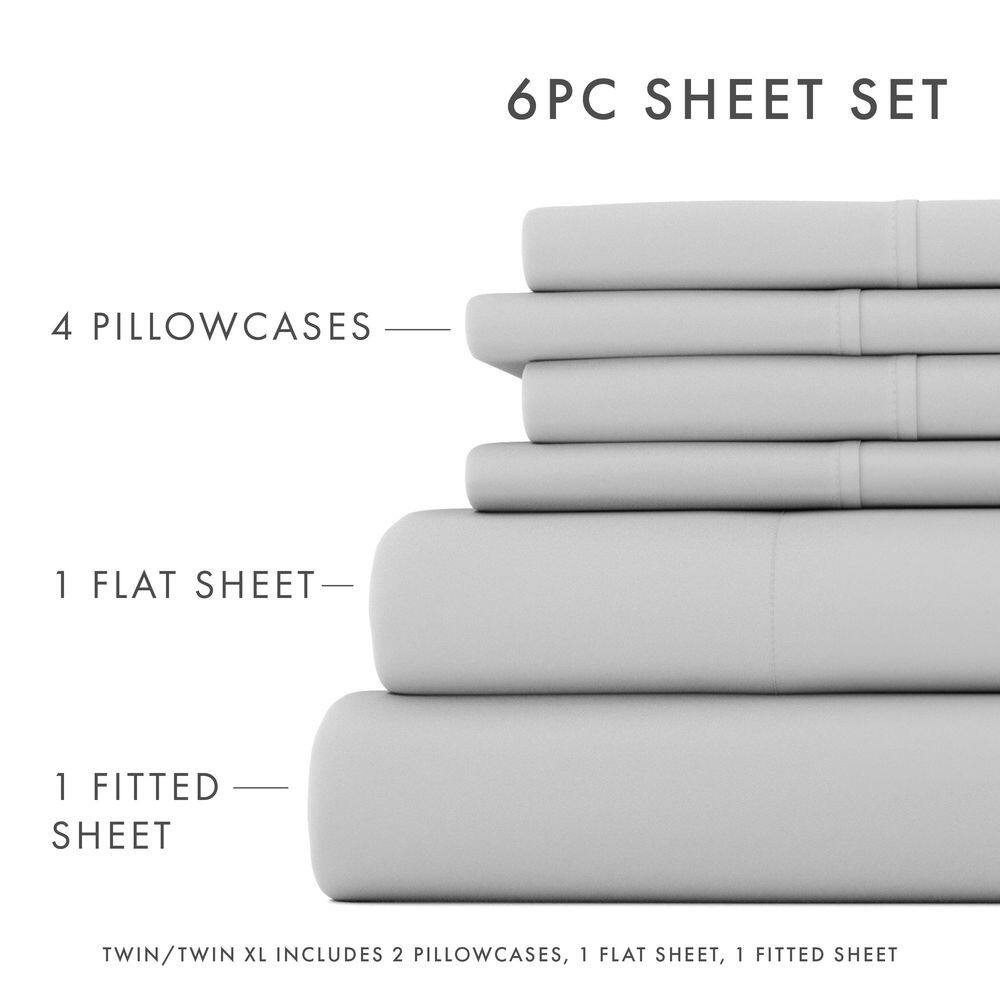 6-Piece Light Gray Solid Microfiber King Sheet Set Free Shipping New