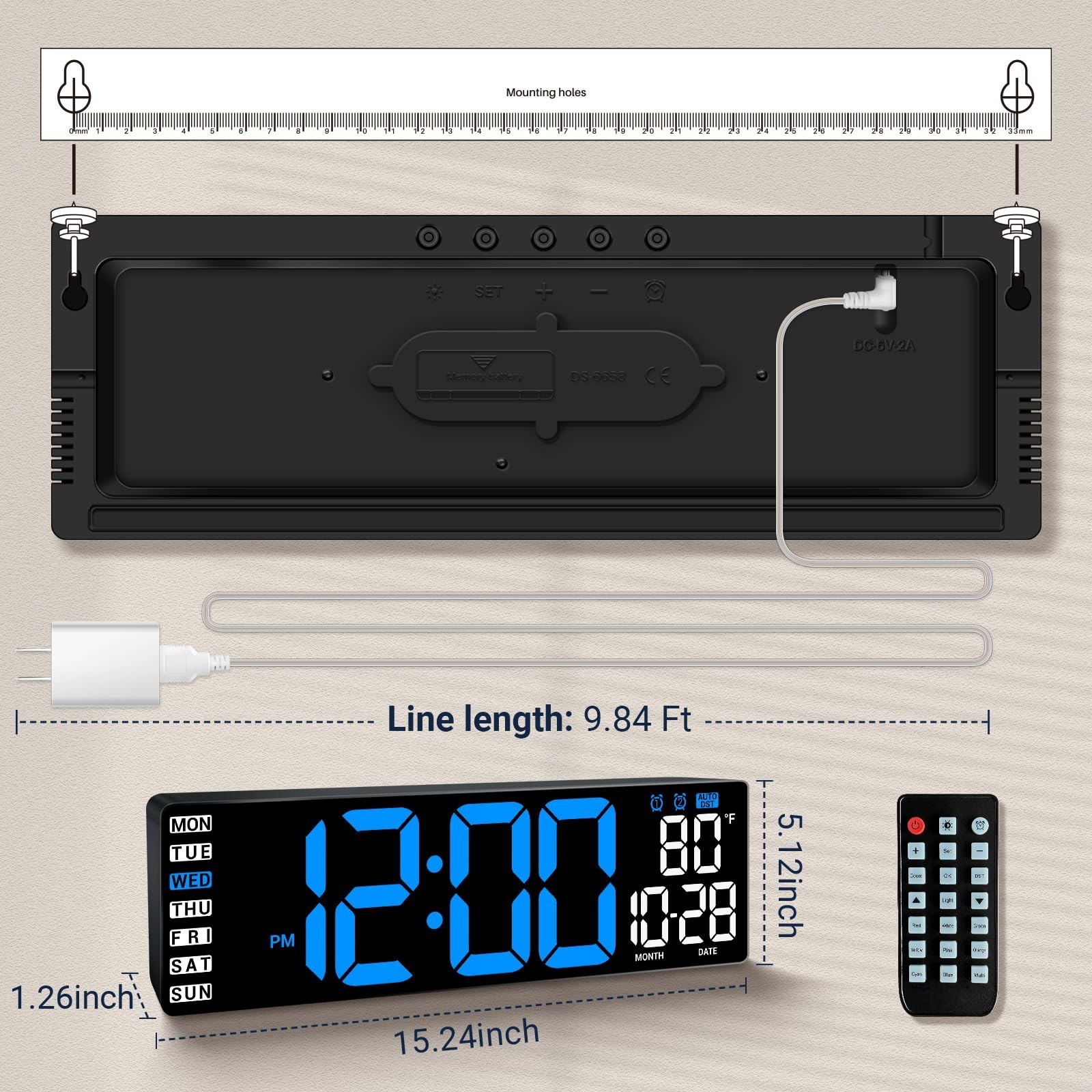 16.5" Large Digital Wall Clock with Remote Control, Auto-Dimming LED Display ...