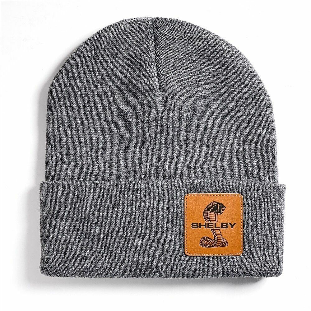 Beanie - Shelby Grey Leather Patch * Warm Stuff For Mustang Owners! Free US Ship
