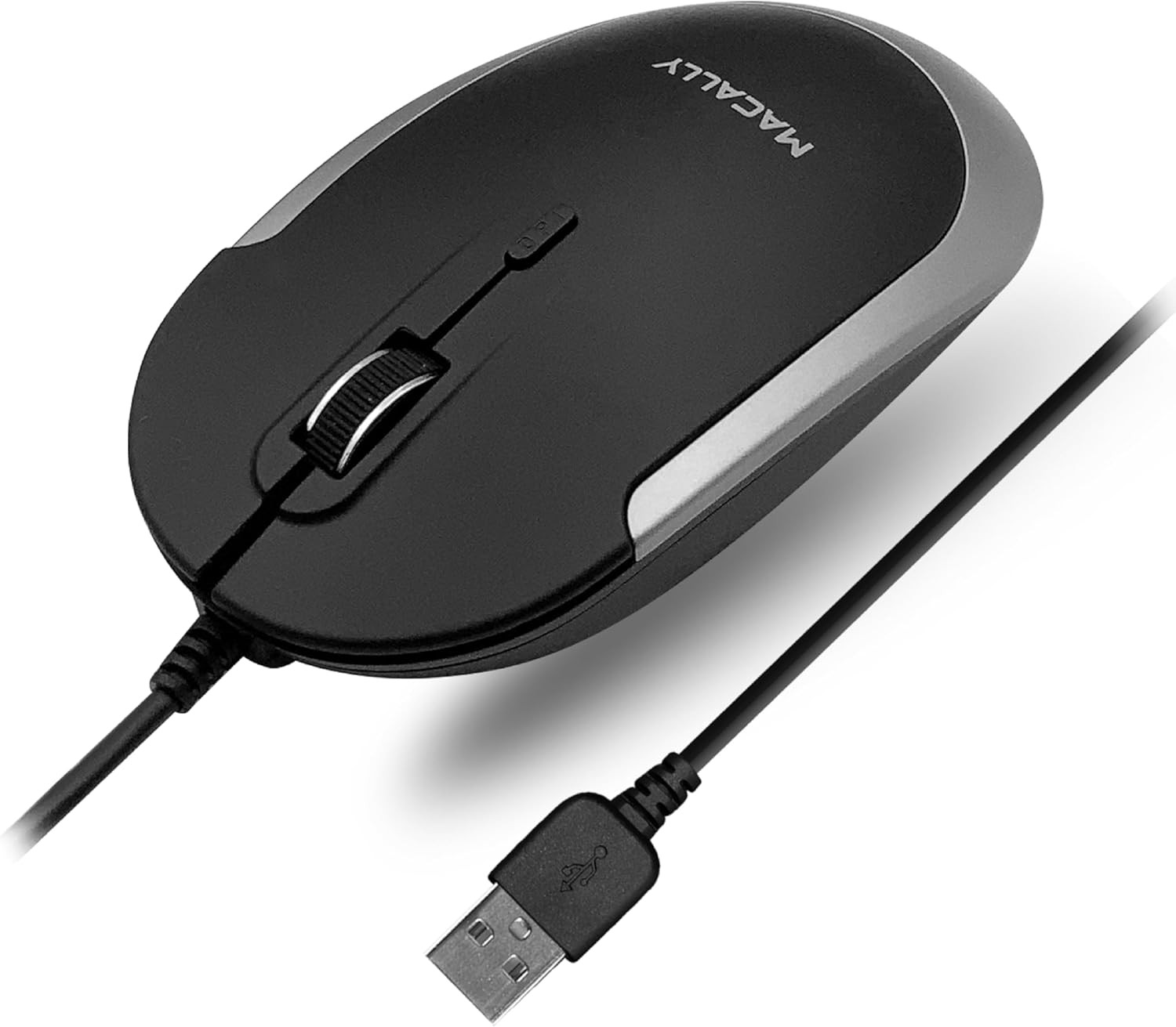 Macally Silent Wired Mouse - Slim & Compact USB Black with Space Gray Trim