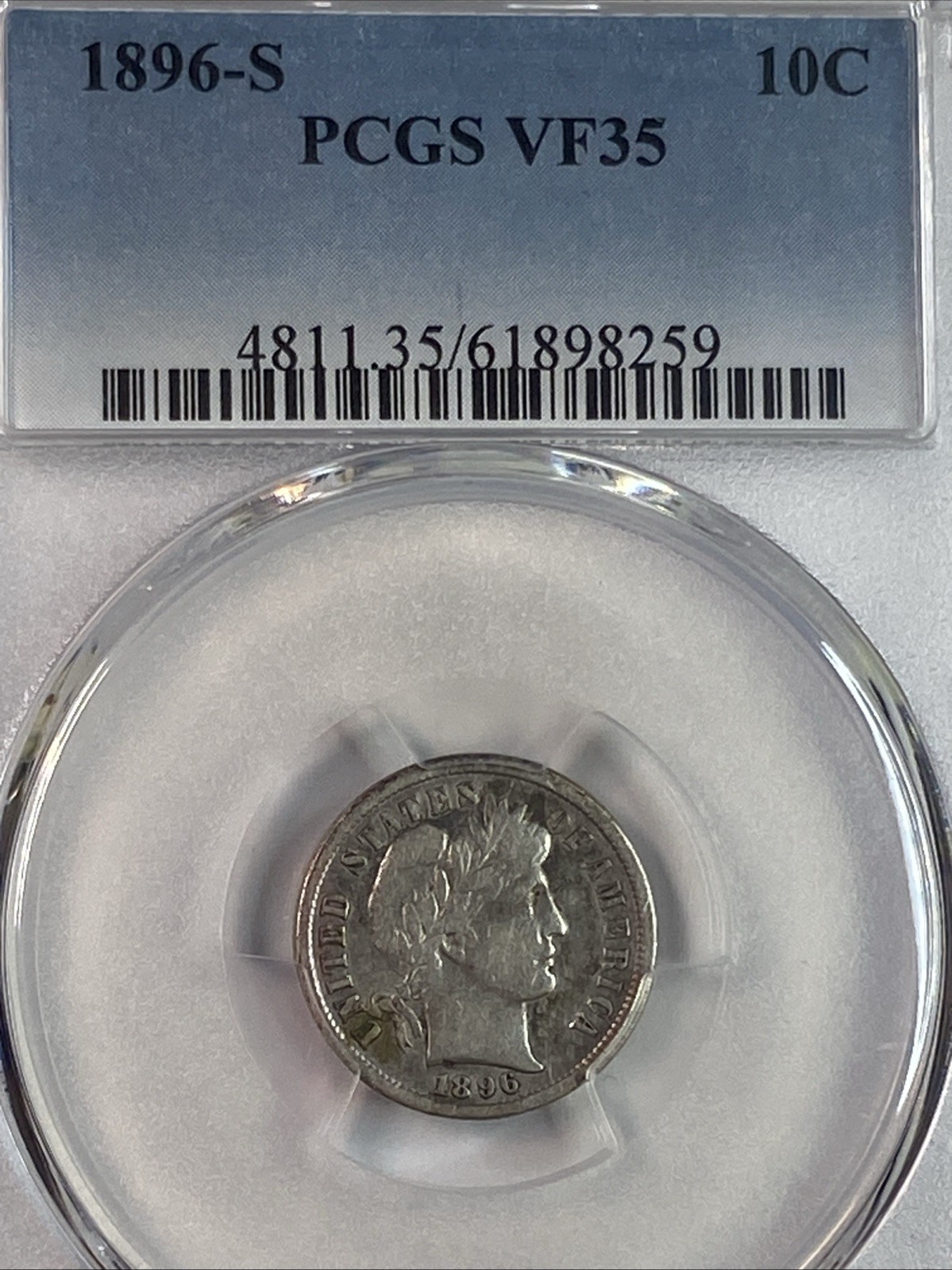 1896 S PCGS VF35 Certified - Silver Barber Dime 10c US Coin