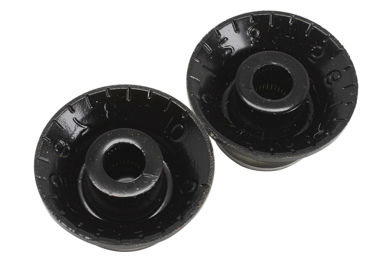 Vintage Correct Bell Hat Knobs Black with Silver Reflector US Set of 2