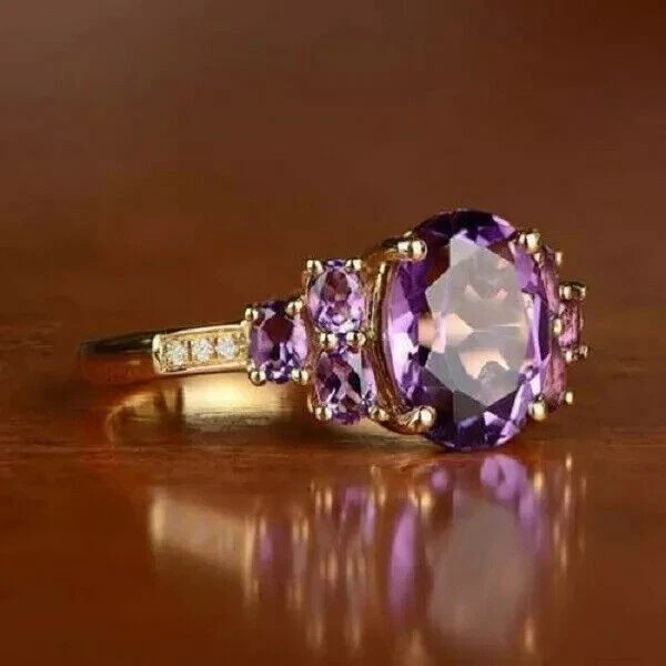 2.2Ct Oval Cut Lab Created Amethyst Women Engagement Ring 14K Yellow Gold Plated
