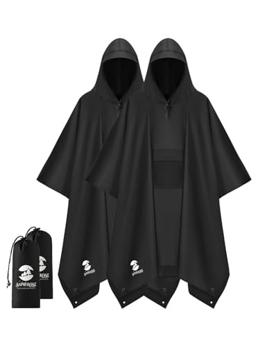 Extra Thick Hooded Rain Poncho Double Layer Waterproof Raincoat Black 2 Pack