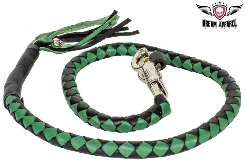 42 Inches Long Black And Green Fringed Hand-Braided Leather Biker Get Back Whip