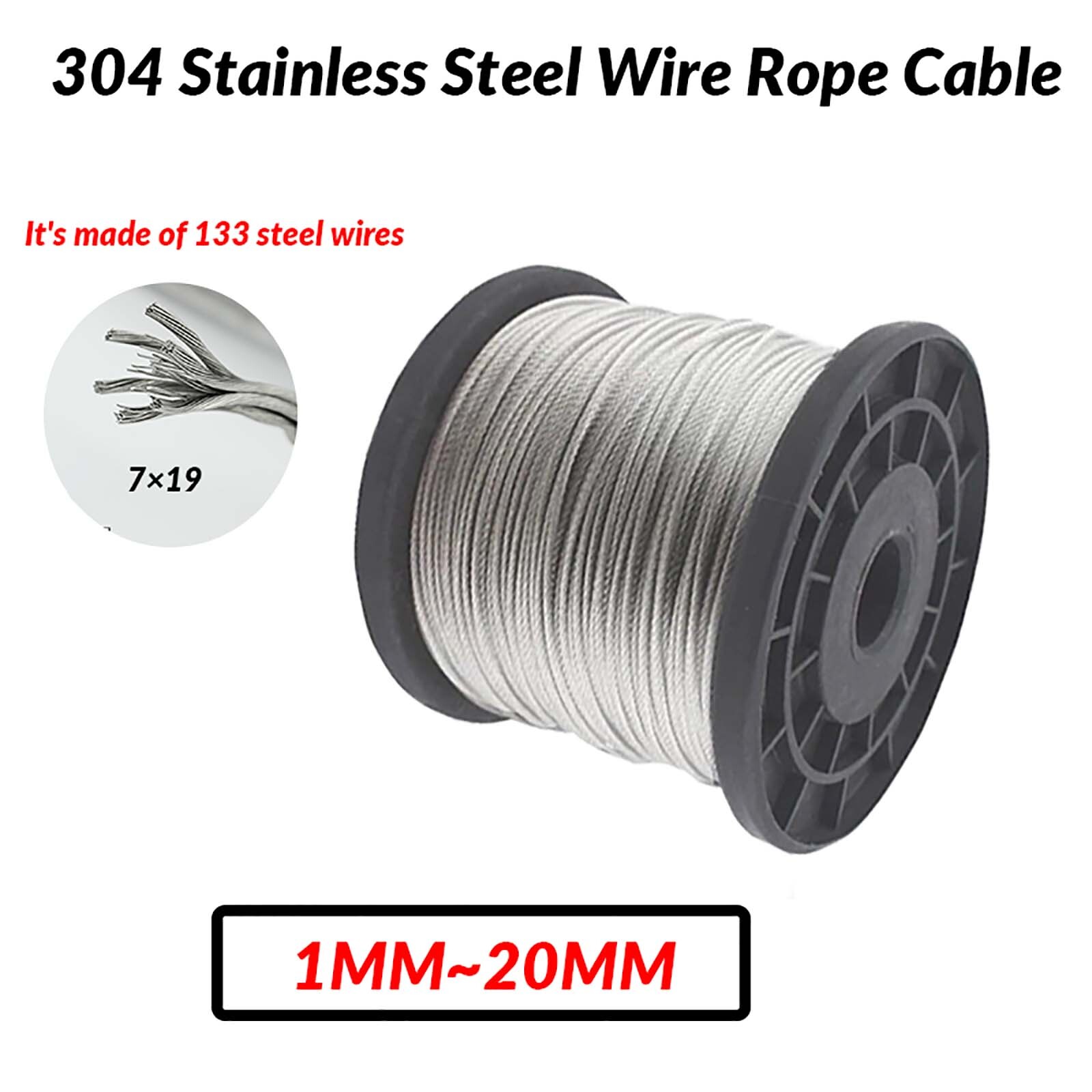 Stainless Steel A2 304 Wire Rope,1mm-20mm, 7x19 Construction, Ideal for Rigging