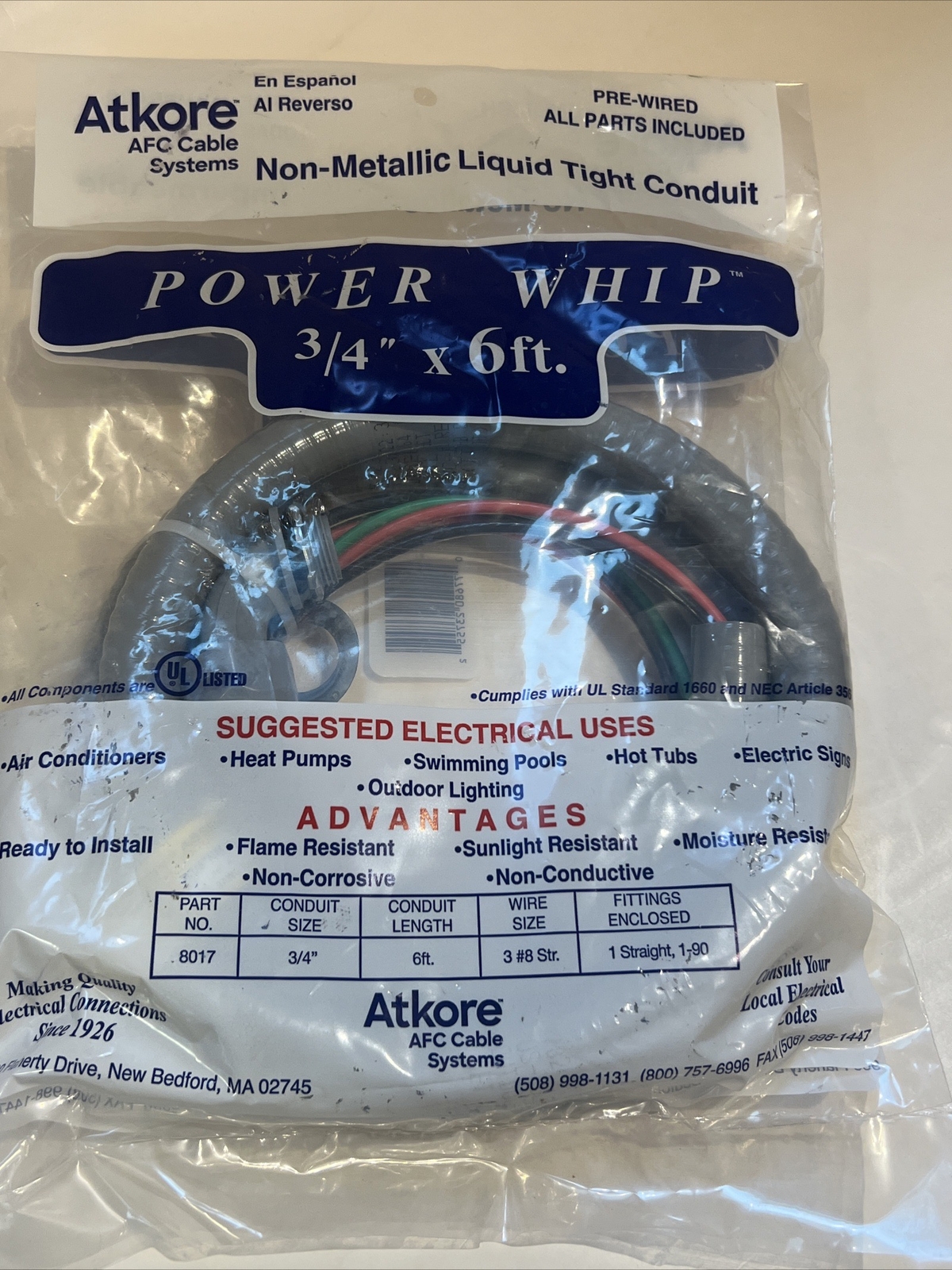 AFC Power Whip 3/4" X 6'. 8/3 seal tight flex pre wired. New & Free Shipping