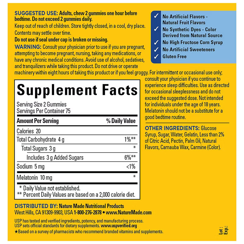 Nature Made Melatonin 10mg Gummies 150 Count Maximum Strength Strawberry