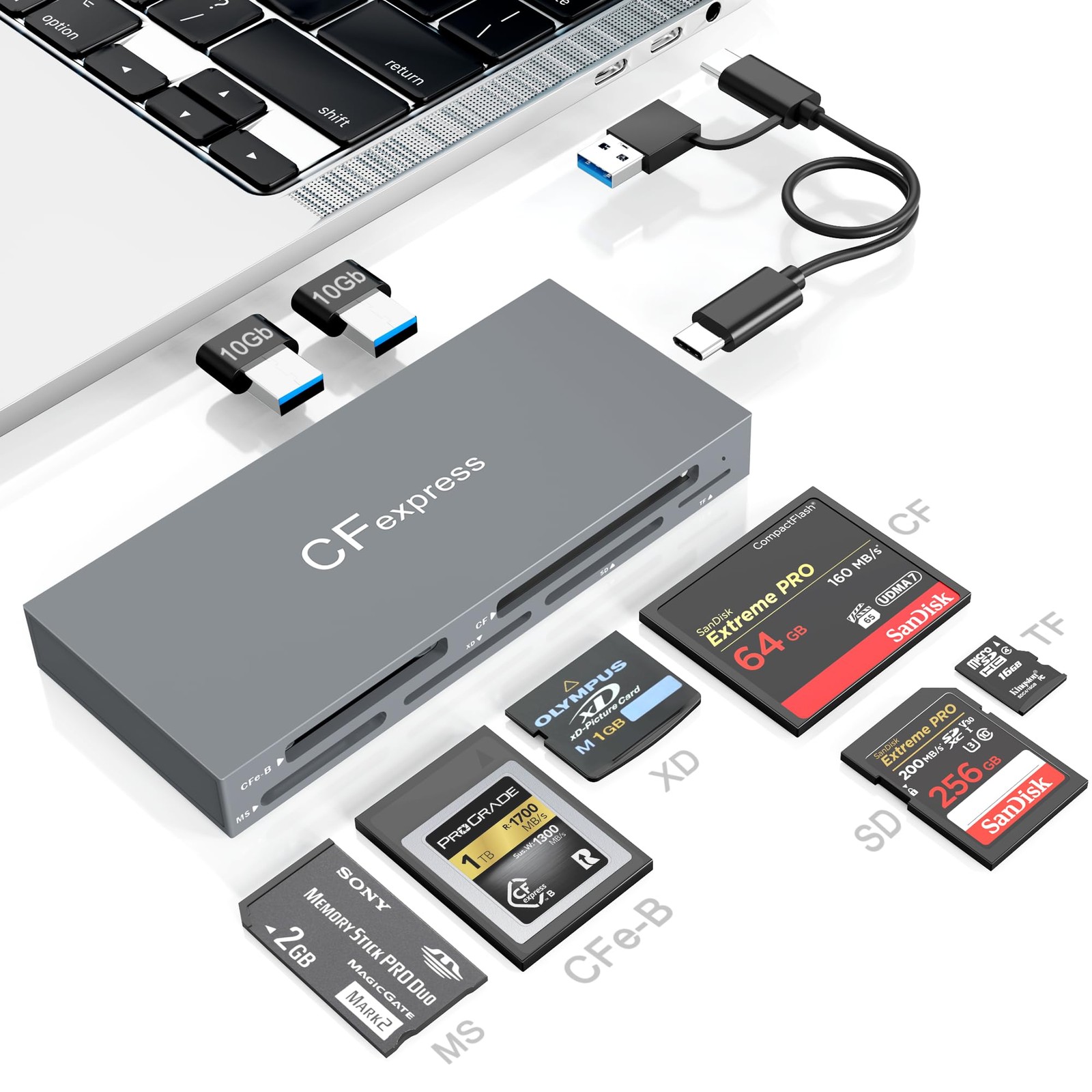 8 in 1 CFexpress Type B Card Reader USB3.2 Gen2 10Gbps with 2USB and 6 Slots
