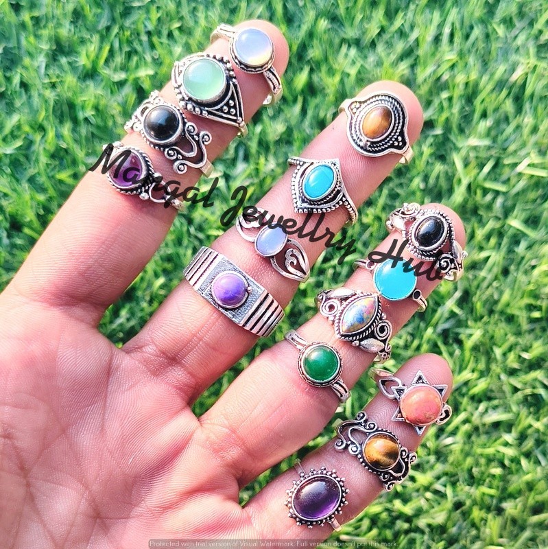 Buy Opalite & Mix Gemstone Rings 925 Sterling Silver Plated Unisex Lot Jewellery