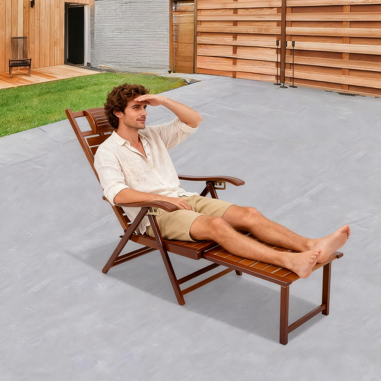 Bamboo Lounge Chair Folding Reclining Chair W/ Adjustable Backrest Lounge Chair