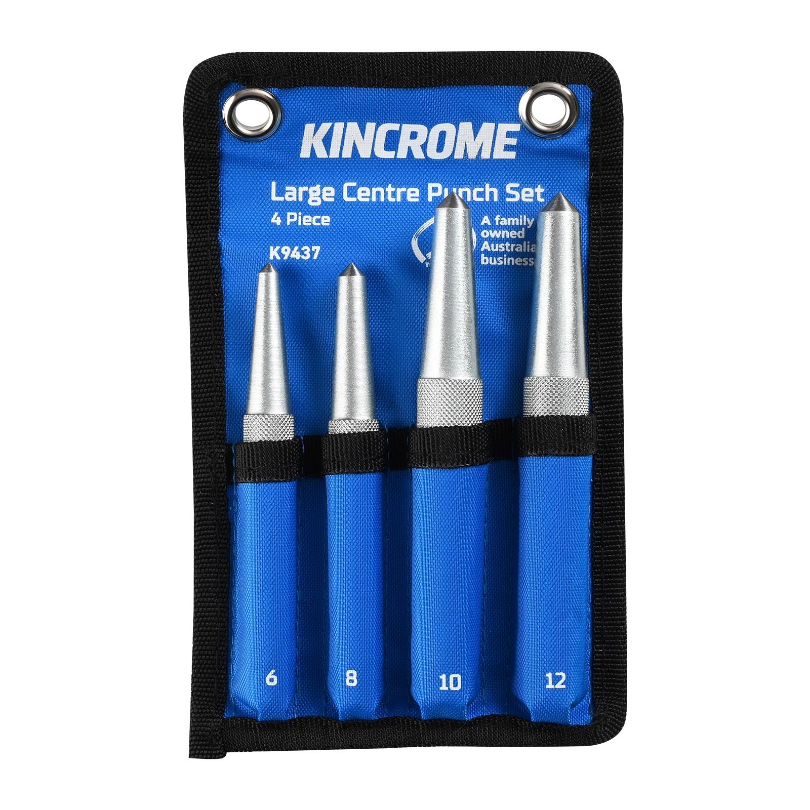 Kincrome 4 PC Centre Punch Set Large 6-12mm Knurled Chrome Vanadium Steel K9437
