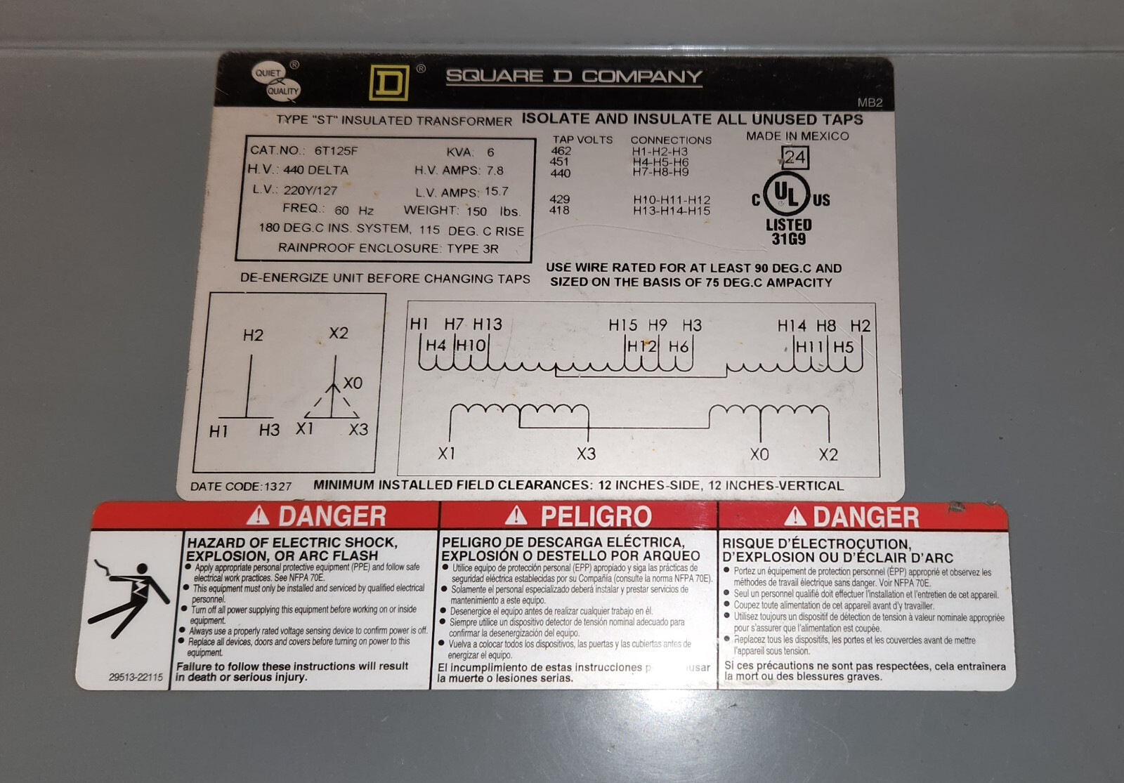 Square D 6KVA 440Δ to 220Y/127 60Hz 6T125F Transformer Dry 3-Phase 6KVA 440delta